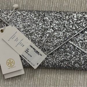 Tory Burch Silver Glitter Envelope Pouch Clutch NWT Card Slots Evening Bag